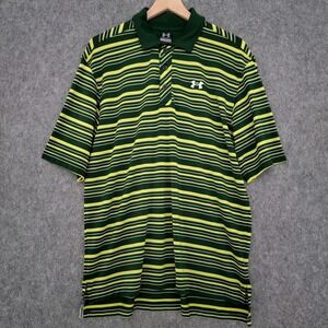 Under Armour Polo Shirt Mens Large Green Yellow Striped Performance Golf Logo